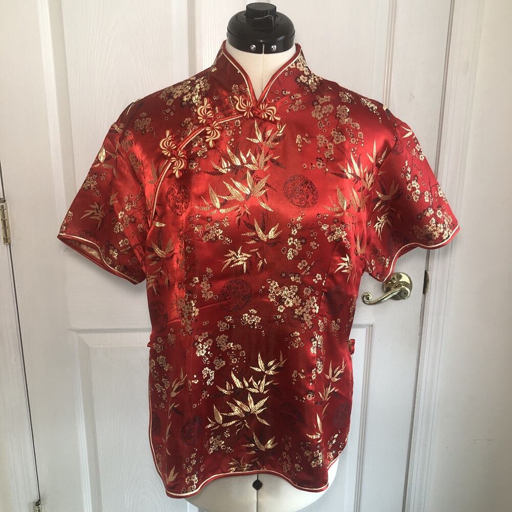 Vtg Blouse Tangzhuang Cheongsam Qipao top sz lg Silk Red Gold coquette